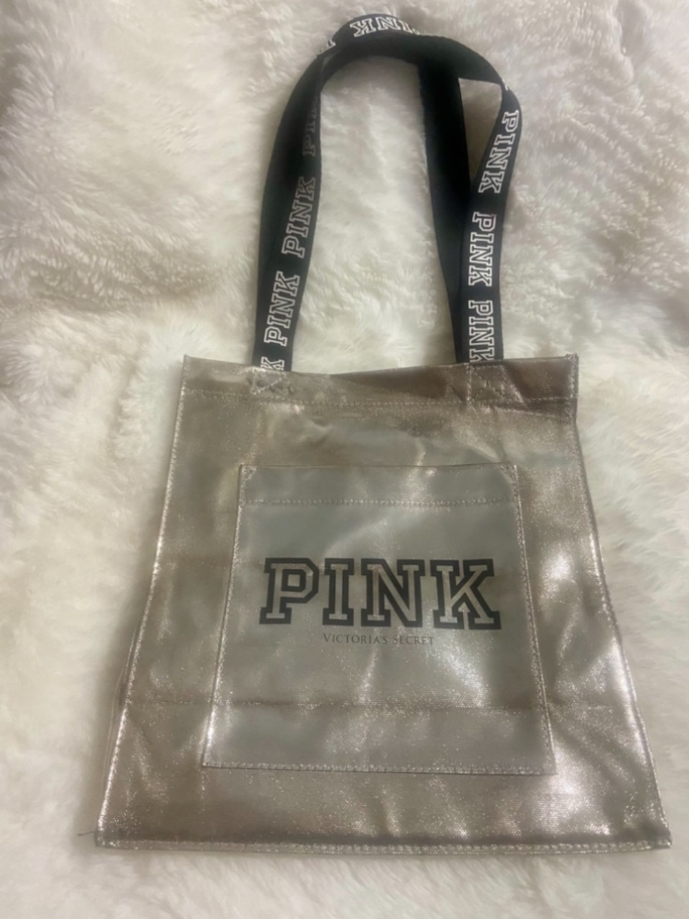 PINK Victoria's Secret Metallic Silver Tote with Black Branded Straps